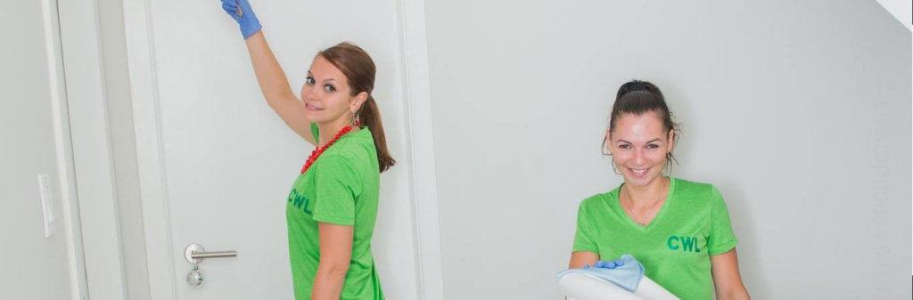 two house cleaners in green shirts smile while dusting cobwebs with a long feather duster