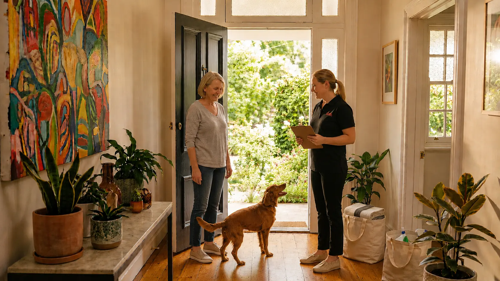 Eco-friendly house cleaning company staff greeting client in Vancouver, BC home
